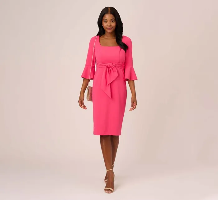 Midi Dresses Womens Adrianna Papell Stretch Knit Crepe TieFront MidiLength Sheath Dress In Camellia