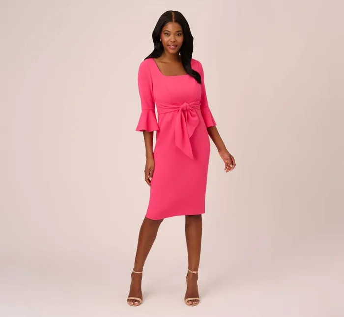 Midi Dresses Womens Adrianna Papell Stretch Knit Crepe TieFront MidiLength Sheath Dress In Camellia