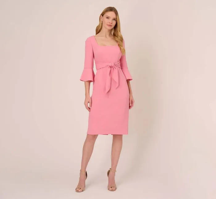 Midi Dresses Womens Adrianna Papell Stretch Knit Crepe TieFront MidiLength Sheath Dress In Faded Rose
