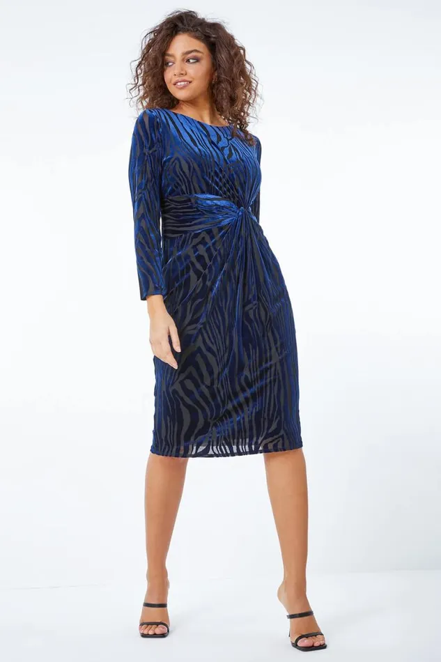 Midnight Blue Petite Zebra Print Burnout Ruched Midi Dress Women Roman Dresses