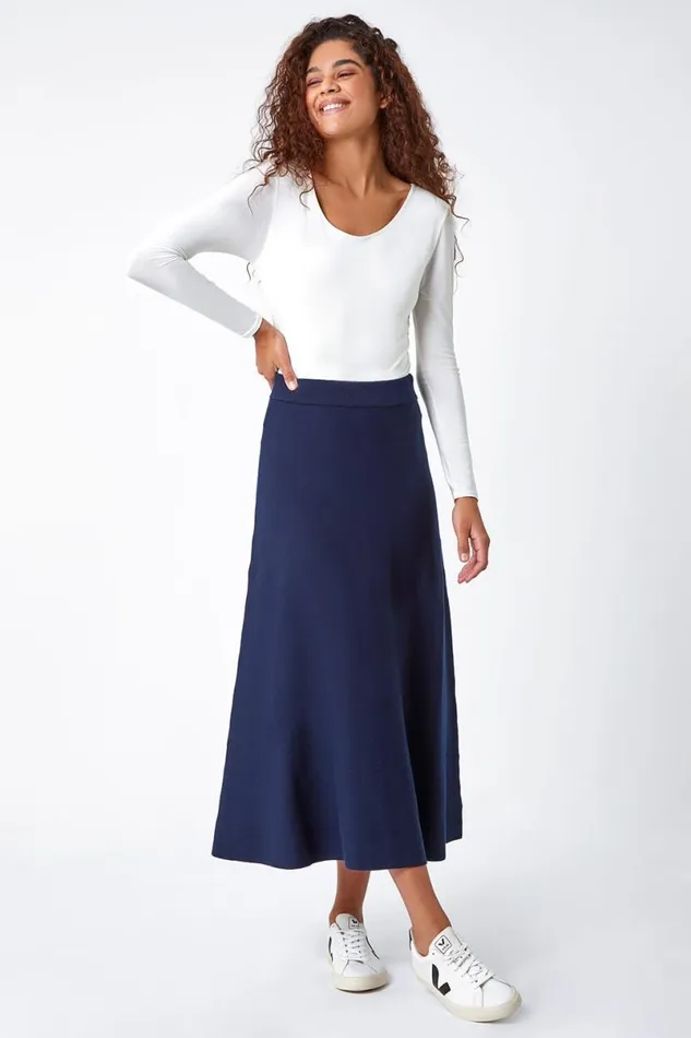 Midnight Blue Plain Elastic Waist Knitted A Line Midi Skirt Women Roman Skirts