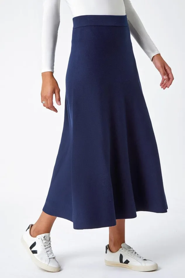 Midnight Blue Plain Elastic Waist Knitted A Line Midi Skirt Women Roman Skirts