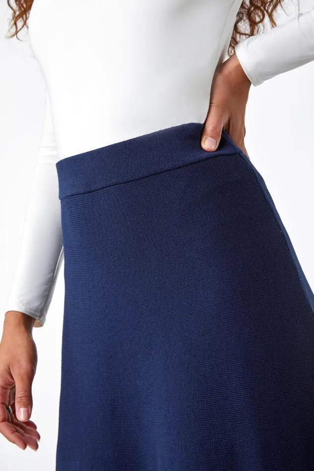 Midnight Blue Plain Elastic Waist Knitted A Line Midi Skirt Women Roman Skirts