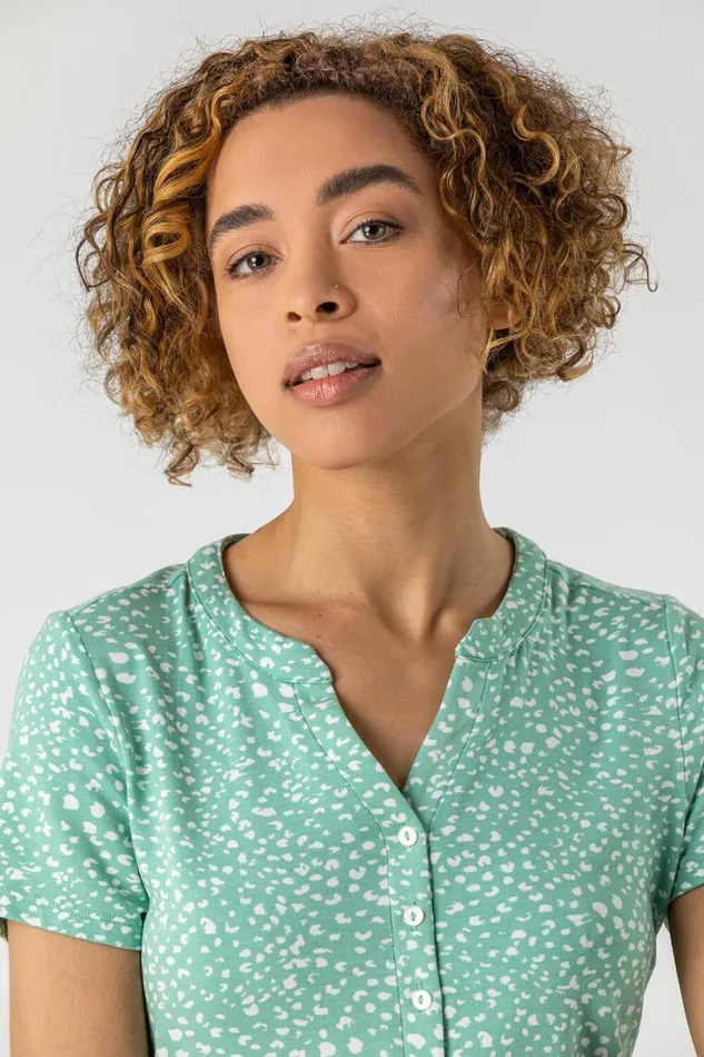 Mint Ditsy Spot Print Button Top Women Roman Tops