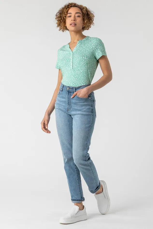 Mint Ditsy Spot Print Button Top Women Roman Tops