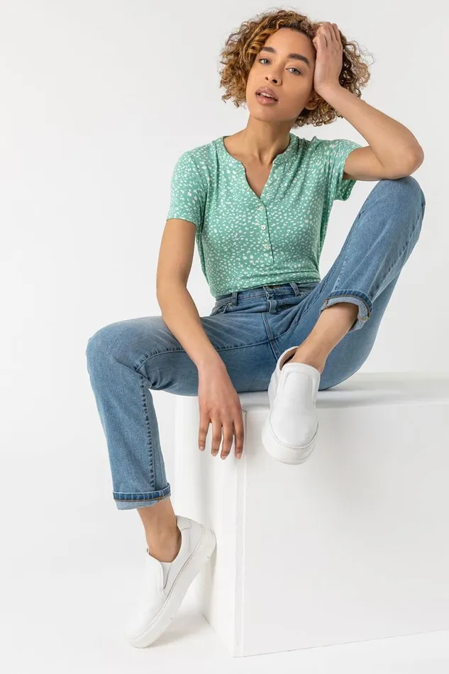 Mint Ditsy Spot Print Button Top Women Roman Tops