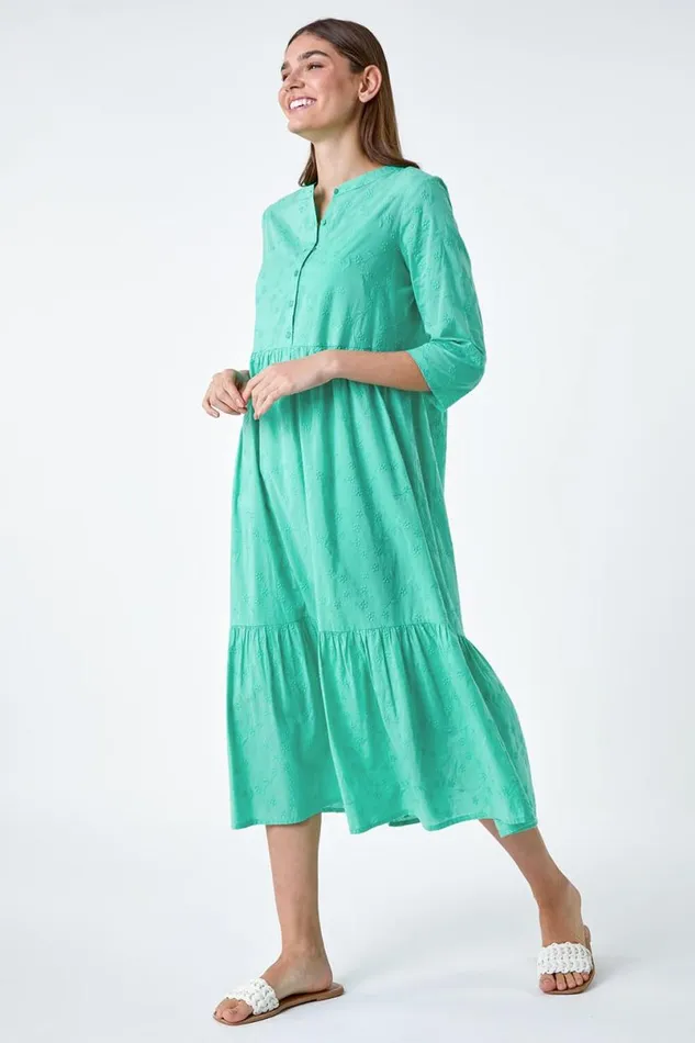 Mint Embroidered Tiered Cotton Midi Dress Women Roman Dresses