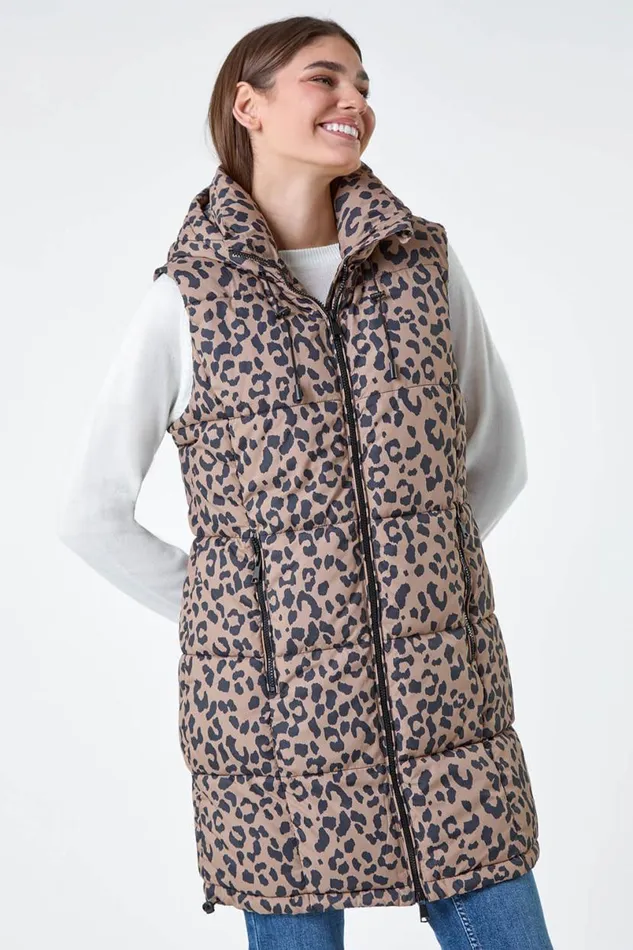Multi Animal Print Longline Hooded Gilet Women Roman Coats