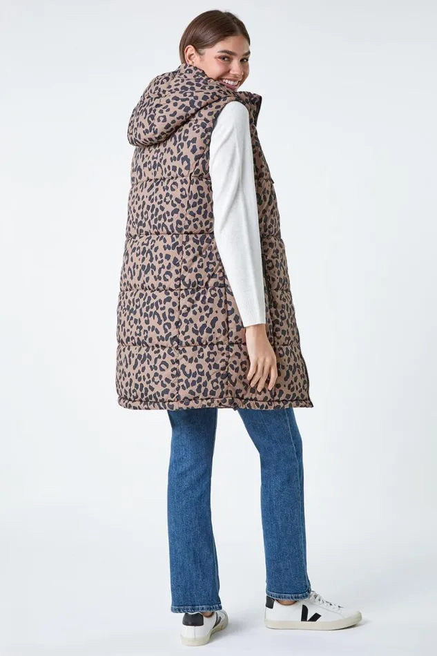 Multi Animal Print Longline Hooded Gilet Women Roman Coats
