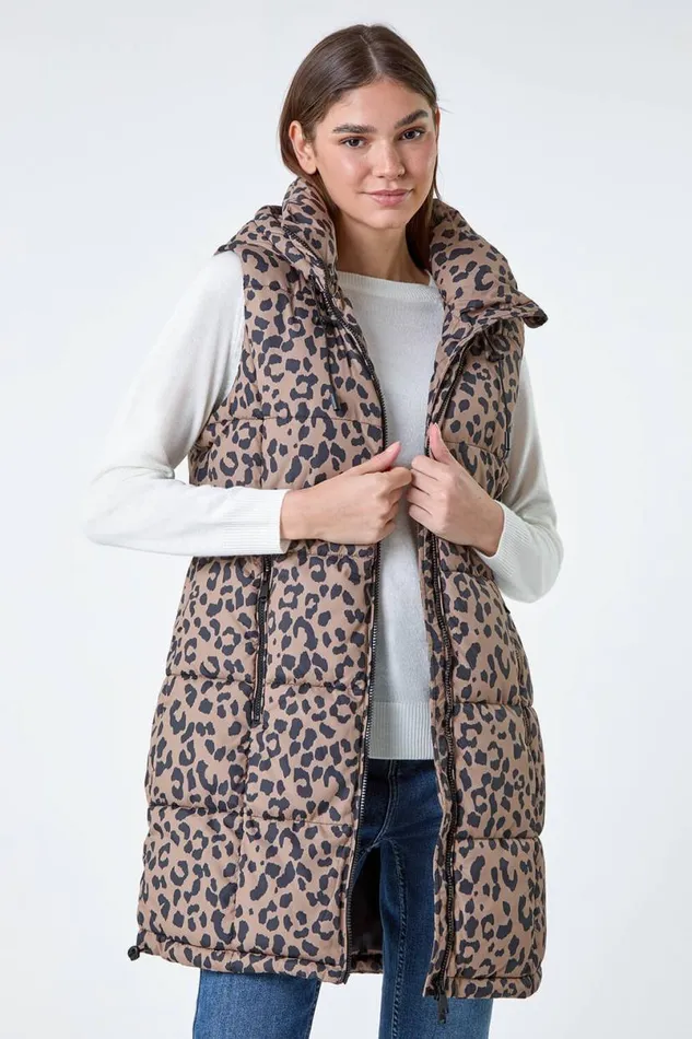 Multi Animal Print Longline Hooded Gilet Women Roman Coats