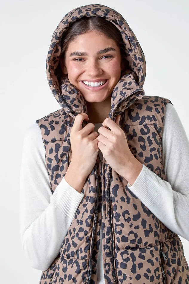 Multi Animal Print Longline Hooded Gilet Women Roman Coats
