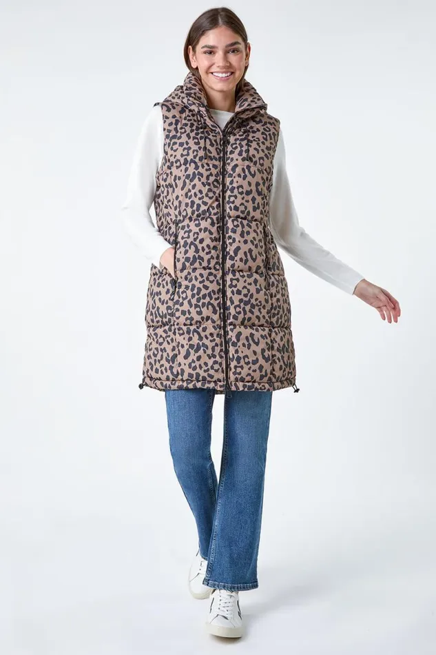Multi Animal Print Longline Hooded Gilet Women Roman Coats