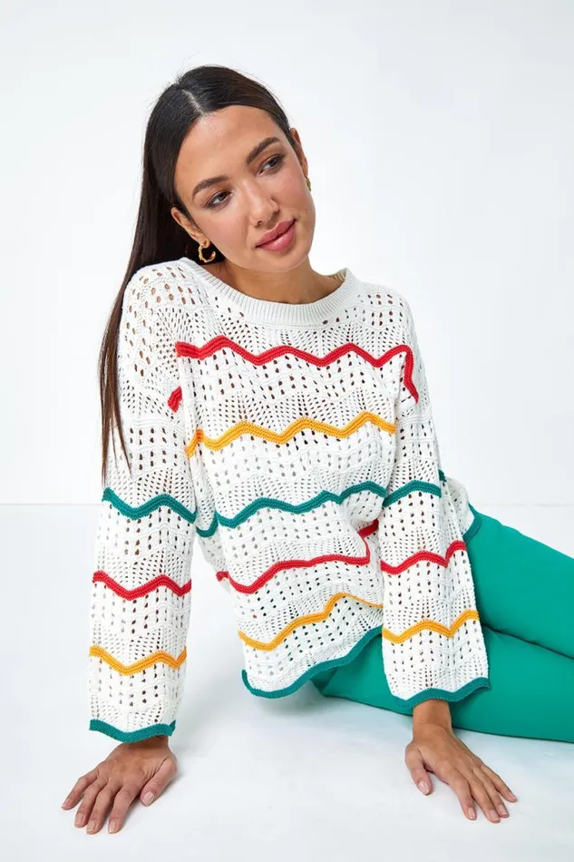 Multi Cotton Blend Stripe Print Crochet Jumper Women Roman Tops