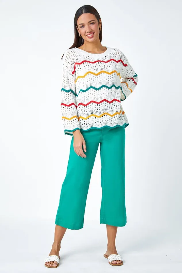 Multi Cotton Blend Stripe Print Crochet Jumper Women Roman Tops