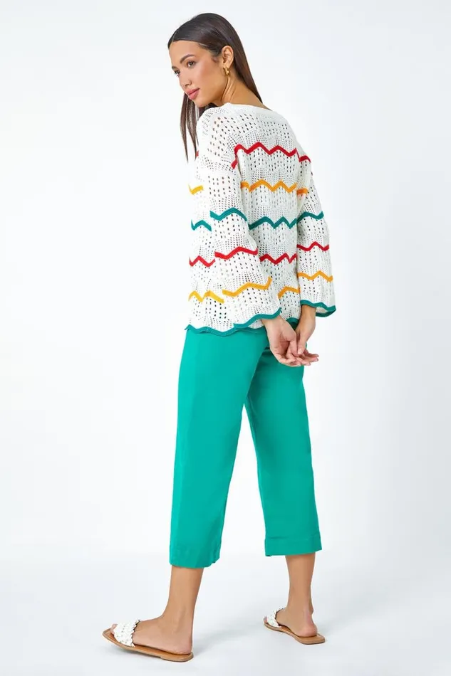 Multi Cotton Blend Stripe Print Crochet Jumper Women Roman Tops