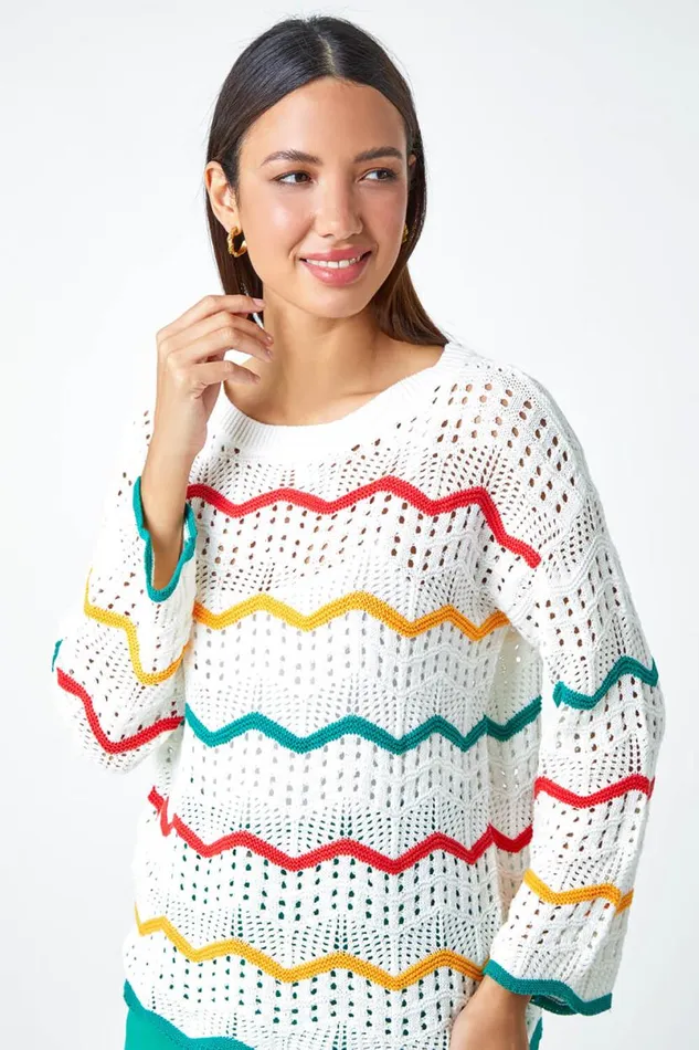 Multi Cotton Blend Stripe Print Crochet Jumper Women Roman Tops