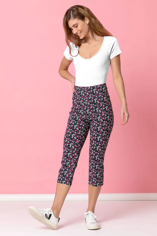 Multi Ditsy Floral Cropped Stretch Trouser Women Roman Trousers