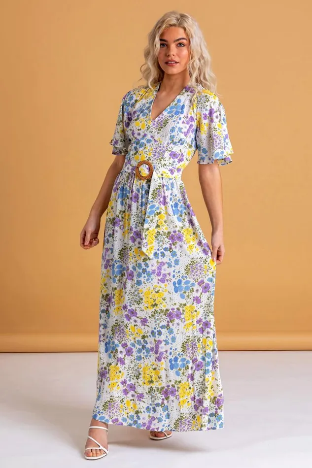 Multi Floral Belted Maxi Dress Women Roman Dresses
