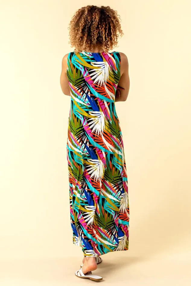 Multi Palm Print Twist Waist Maxi Dress Women Roman Dresses