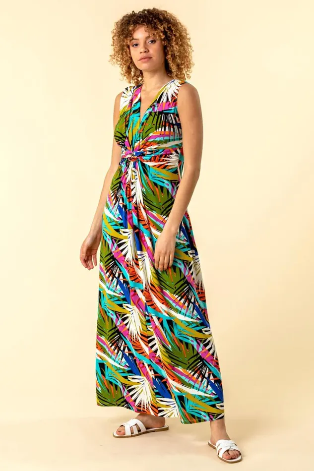 Multi Palm Print Twist Waist Maxi Dress Women Roman Dresses