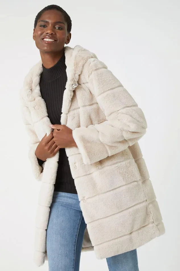 Natural Faux Fur Hooded Longline Coat Women Roman Jackets