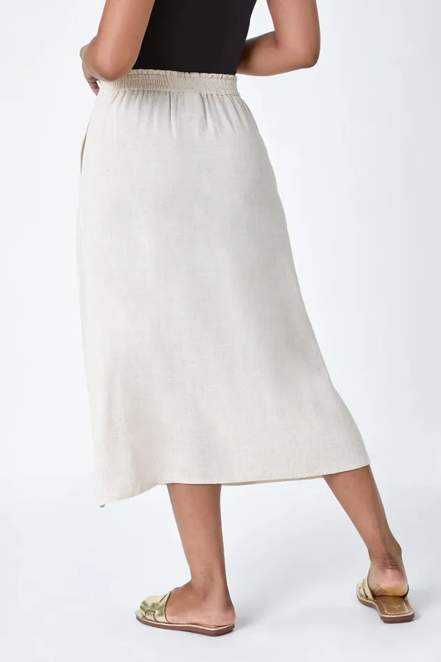 Natural Petite Linen Blend Button A Line Midi Skirt Women Roman Skirts