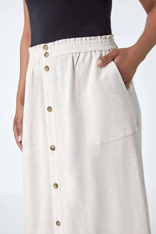Natural Petite Linen Blend Button A Line Midi Skirt Women Roman Skirts