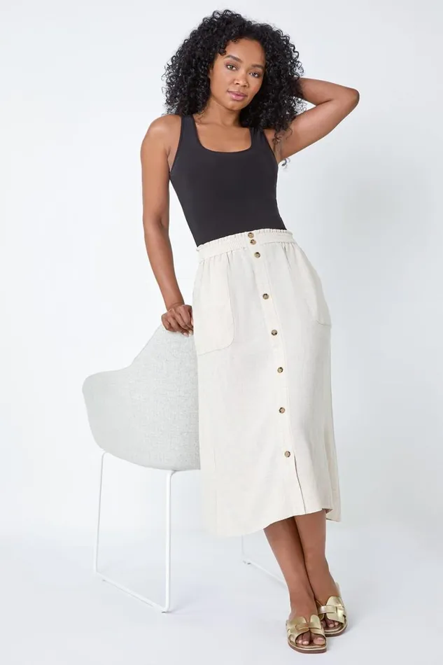 Natural Petite Linen Blend Button A Line Midi Skirt Women Roman Skirts