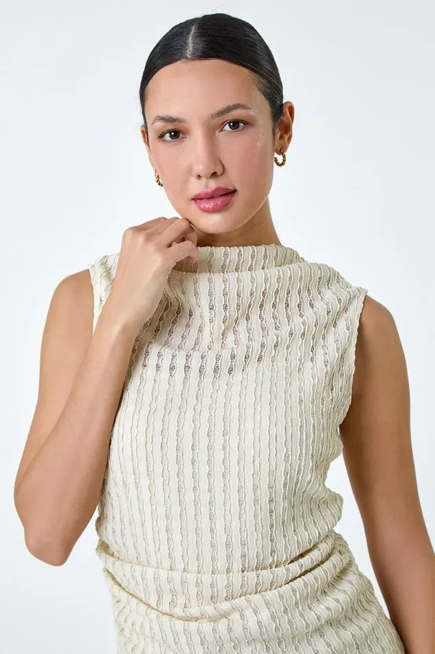 Natural Textured Sleeveless Stretch Top Women Roman Tops