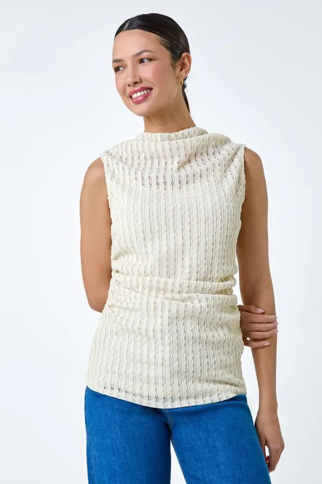 Natural Textured Sleeveless Stretch Top Women Roman Tops