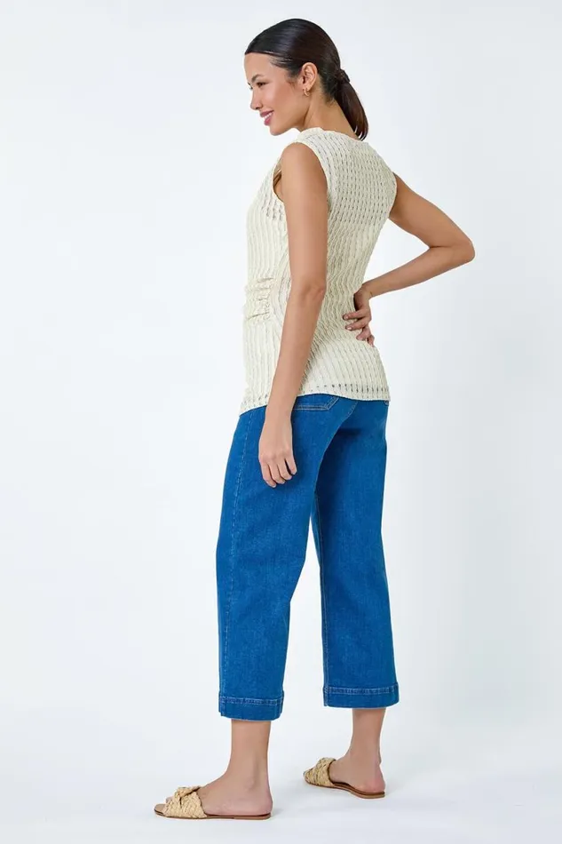 Natural Textured Sleeveless Stretch Top Women Roman Tops