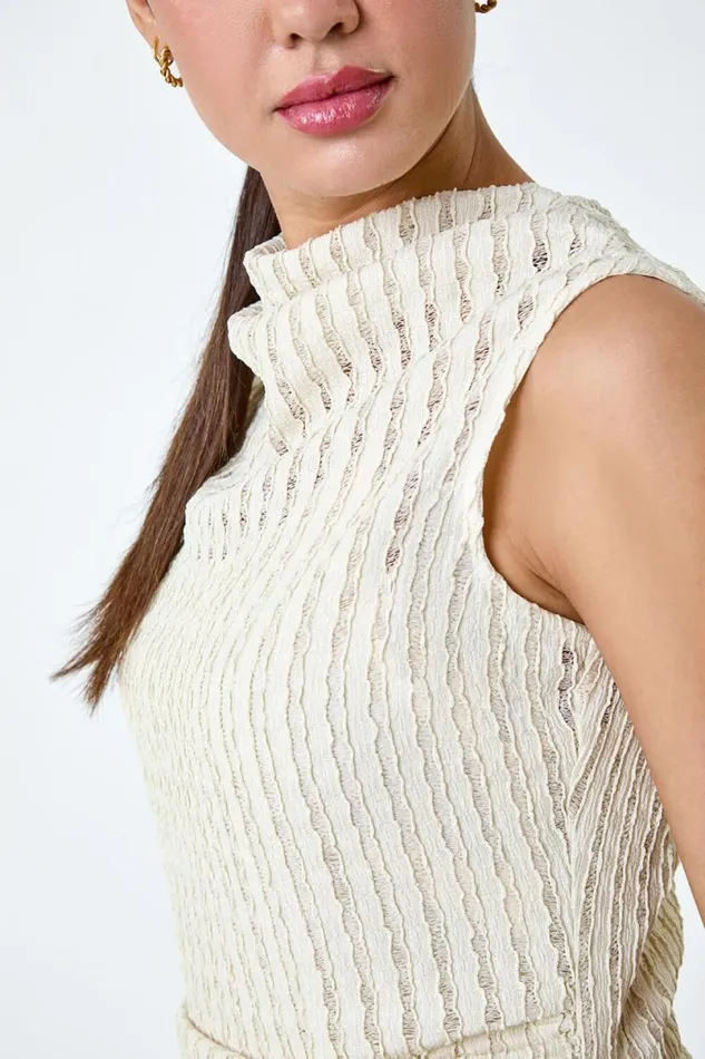 Natural Textured Sleeveless Stretch Top Women Roman Tops