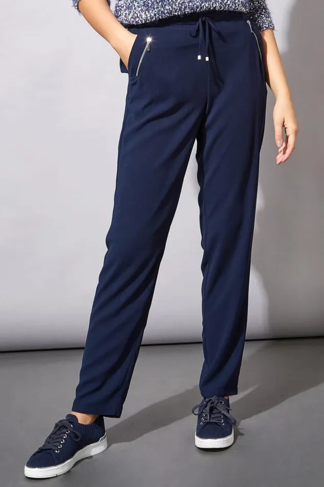 Navy 29 Inch Elastic Waist Tie Front Jogger Women Roman Trousers
