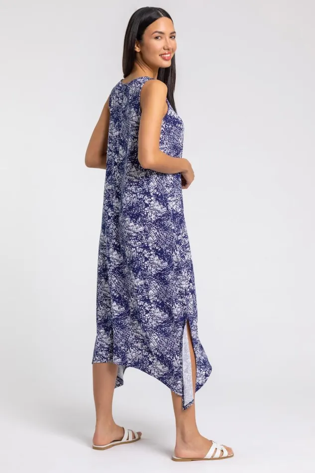 Navy Abstract Print Hanky Hem Maxi Dress Women Roman Dresses