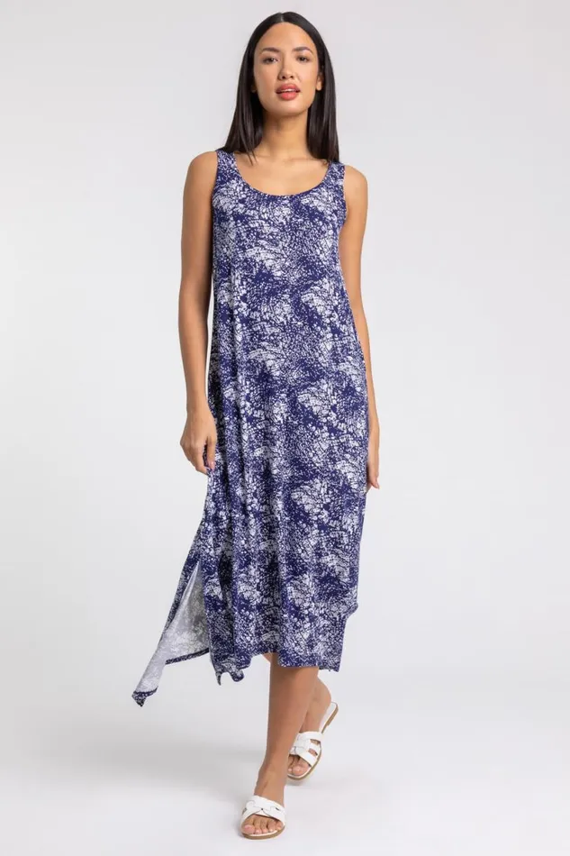 Navy Abstract Print Hanky Hem Maxi Dress Women Roman Dresses
