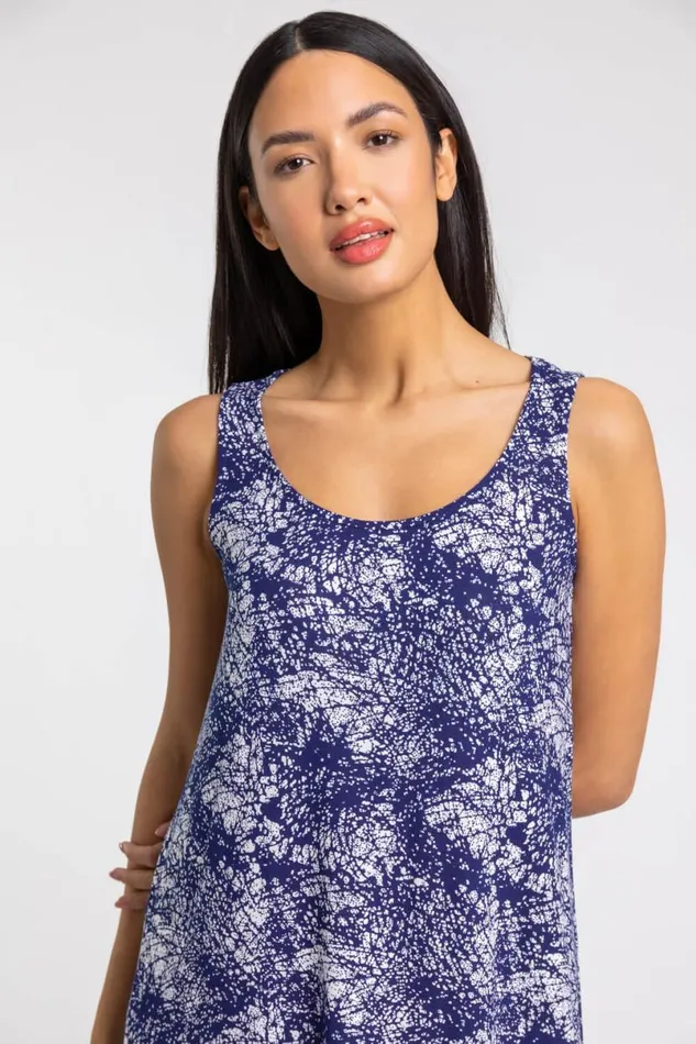 Navy Abstract Print Hanky Hem Maxi Dress Women Roman Dresses