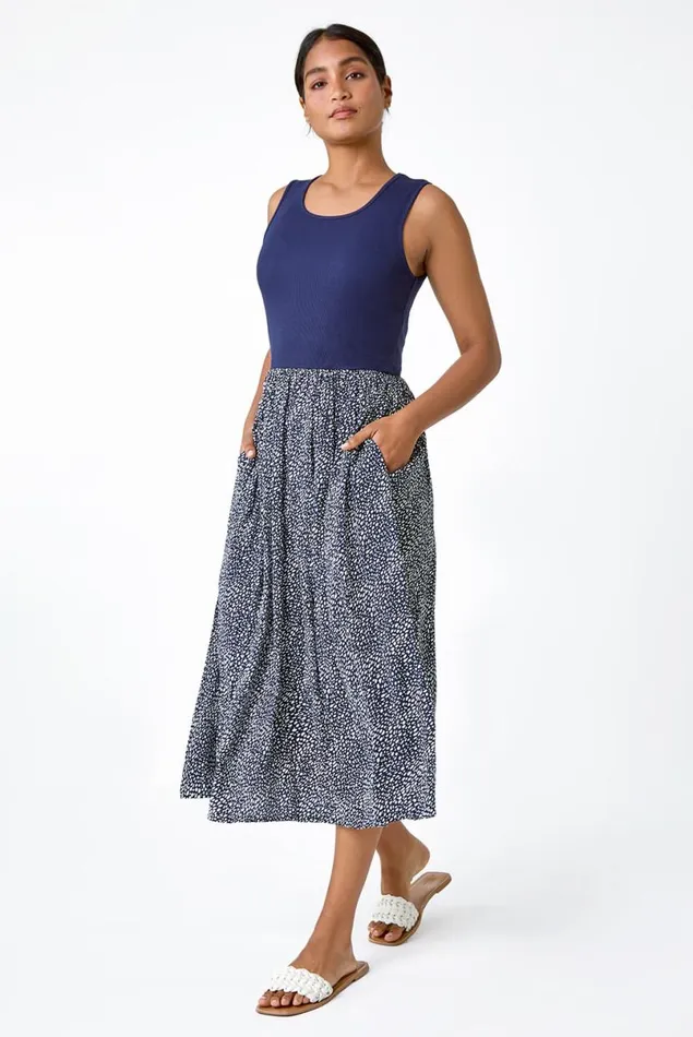 Navy Contrast Spot Stretch Jersey Pocket Dress Women Roman Dresses