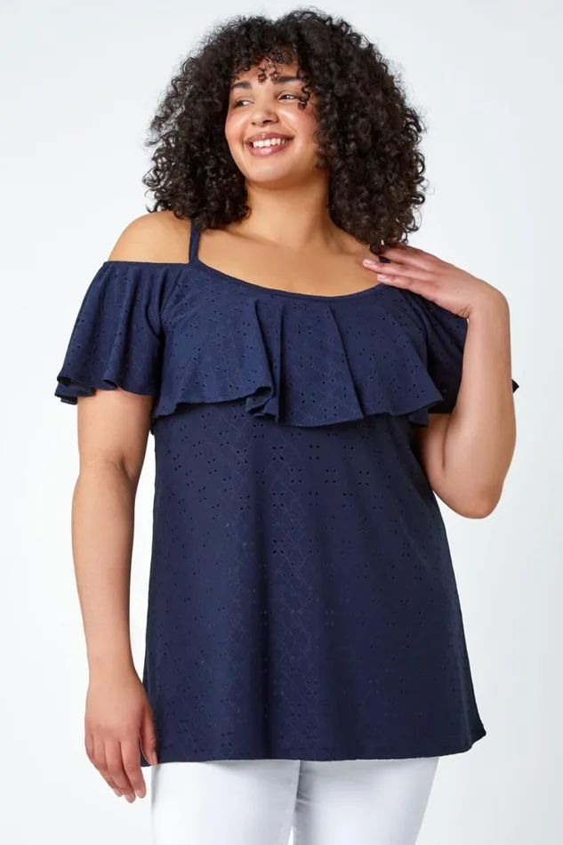 Navy Curve Cold Shoulder Frill Detail Top Women Roman Tops