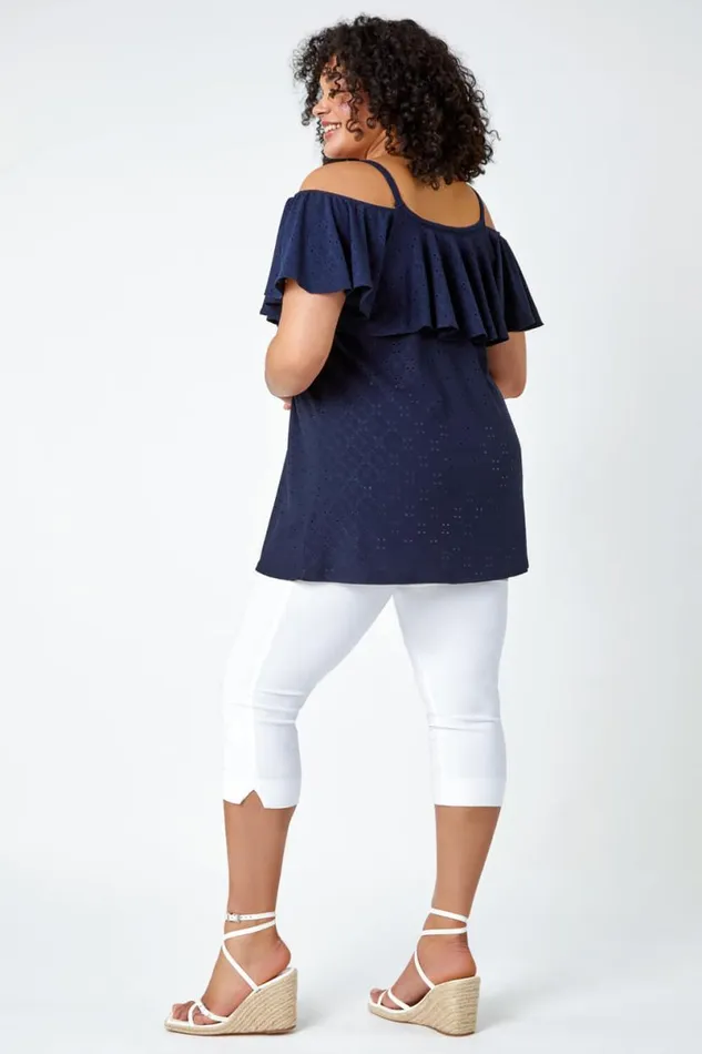 Navy Curve Cold Shoulder Frill Detail Top Women Roman Tops