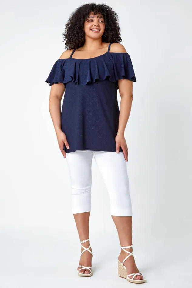 Navy Curve Cold Shoulder Frill Detail Top Women Roman Tops
