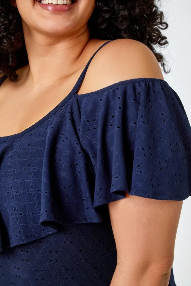 Navy Curve Cold Shoulder Frill Detail Top Women Roman Tops