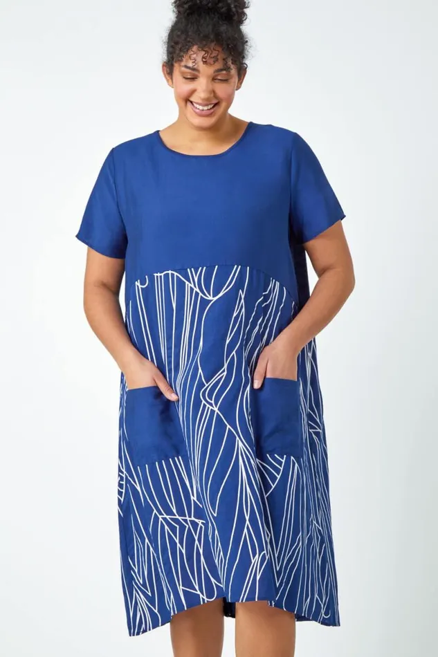 Navy Curve Contrast Print Pocket TShirt Dress Women Roman Dresses