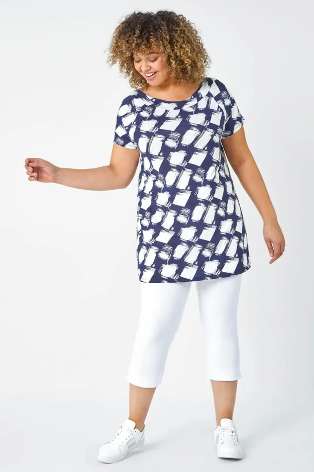 Navy Curve Geometric Print Stretch Bardot Top Women Roman Tops