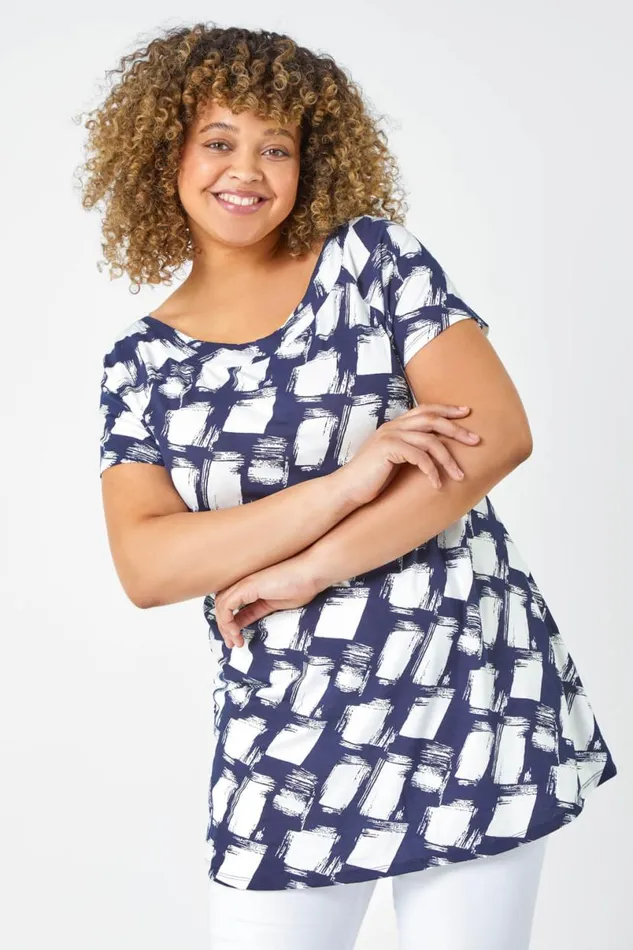 Navy Curve Geometric Print Stretch Bardot Top Women Roman Tops