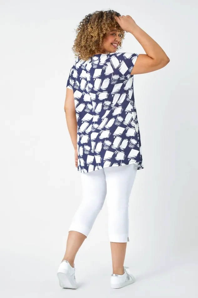 Navy Curve Geometric Print Stretch Bardot Top Women Roman Tops