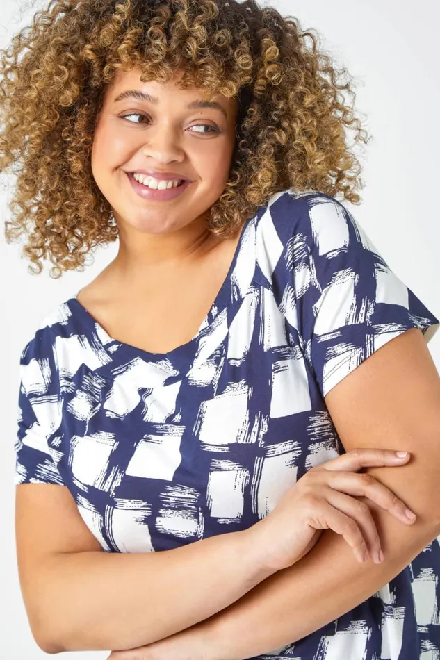 Navy Curve Geometric Print Stretch Bardot Top Women Roman Tops