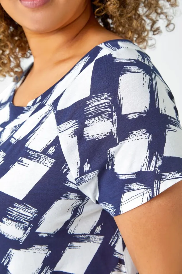 Navy Curve Geometric Print Stretch Bardot Top Women Roman Tops