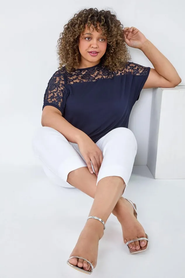 Navy Curve Lace Yoke Stretch Bubble Hem Top Women Roman Tops