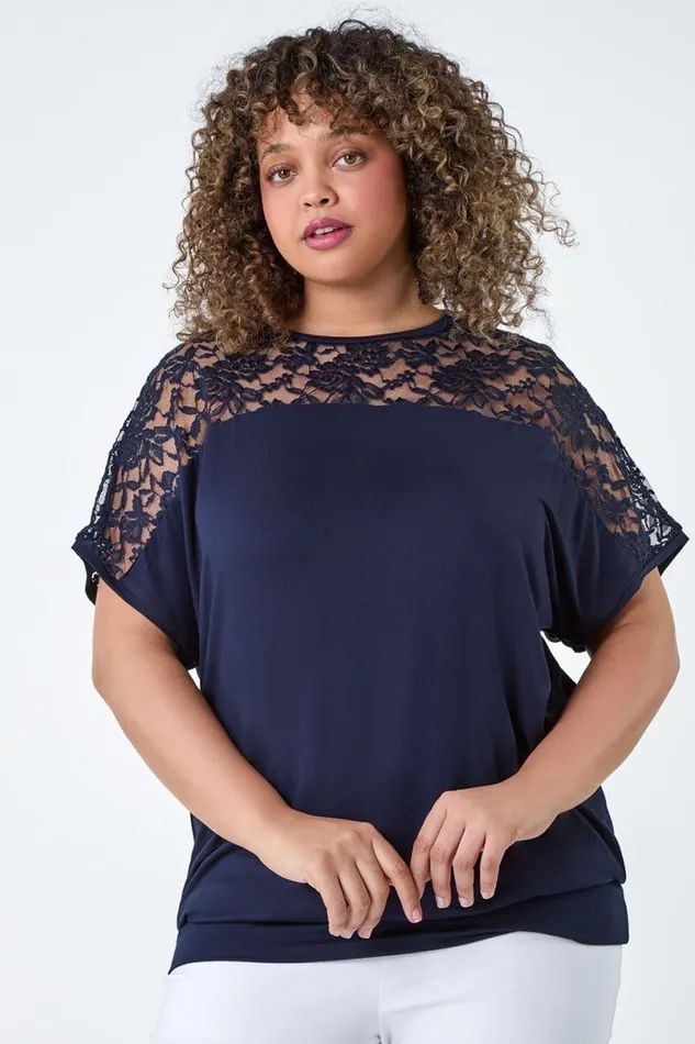 Navy Curve Lace Yoke Stretch Bubble Hem Top Women Roman Tops