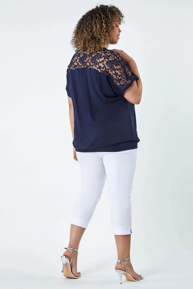 Navy Curve Lace Yoke Stretch Bubble Hem Top Women Roman Tops
